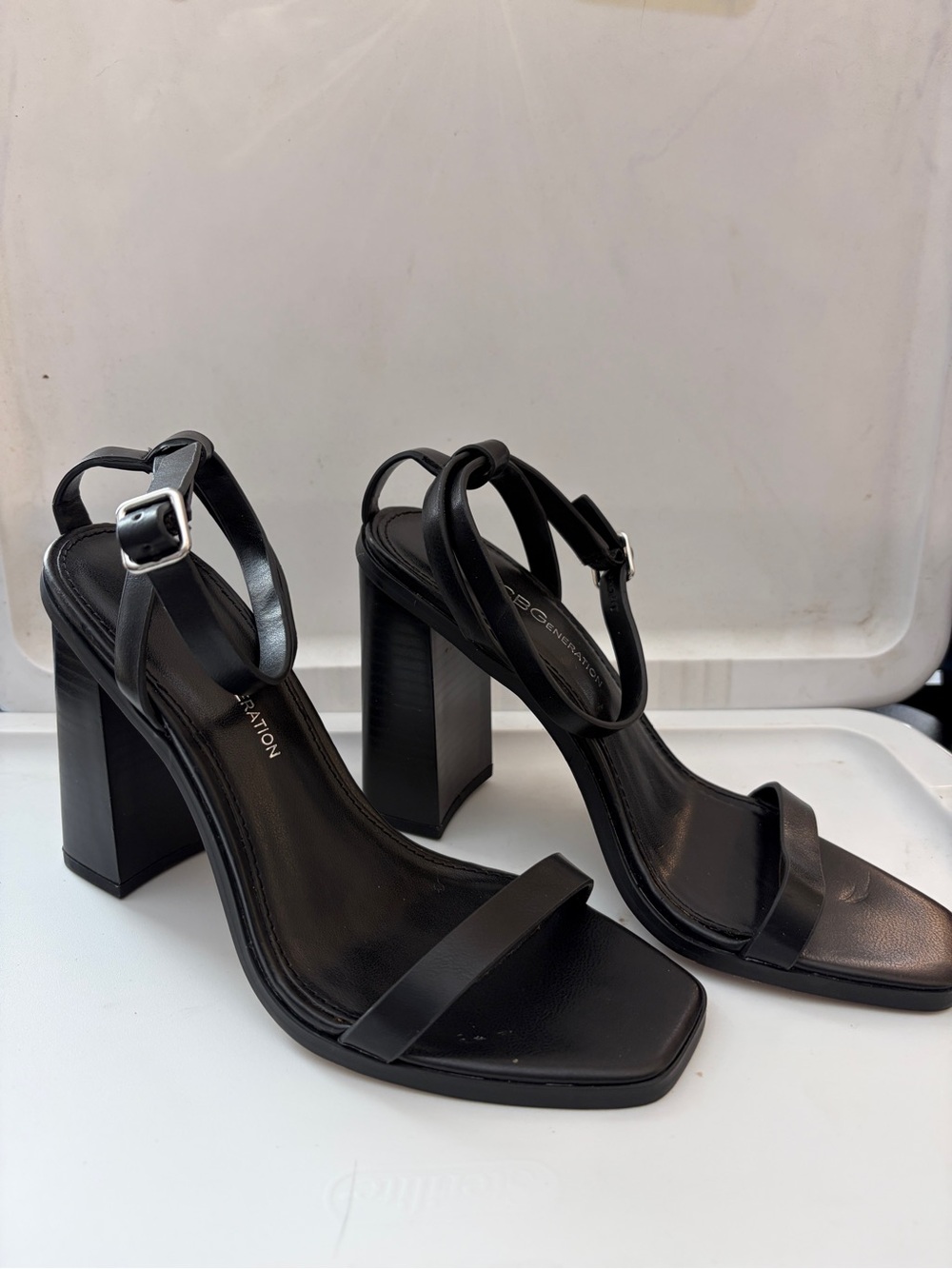 BCBGeneration Black Strappy Square-Toe Block Heel Sandals
